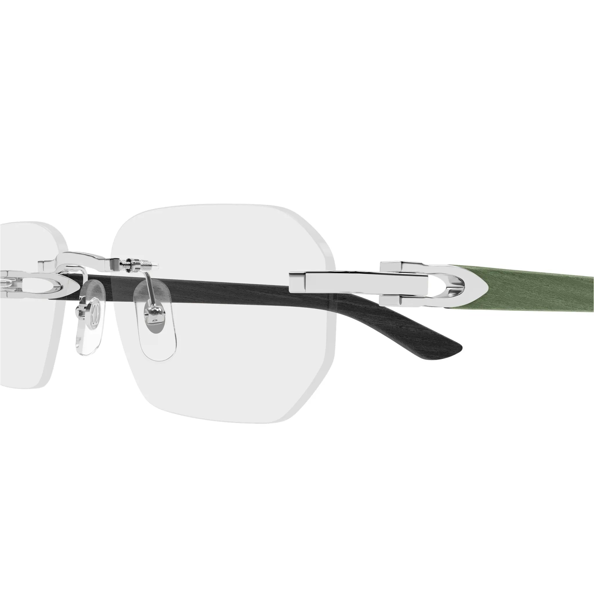 Detailed View of Cartier Eyewear CT0583O-005 Transparent Silver Green Rimless Sunglasses